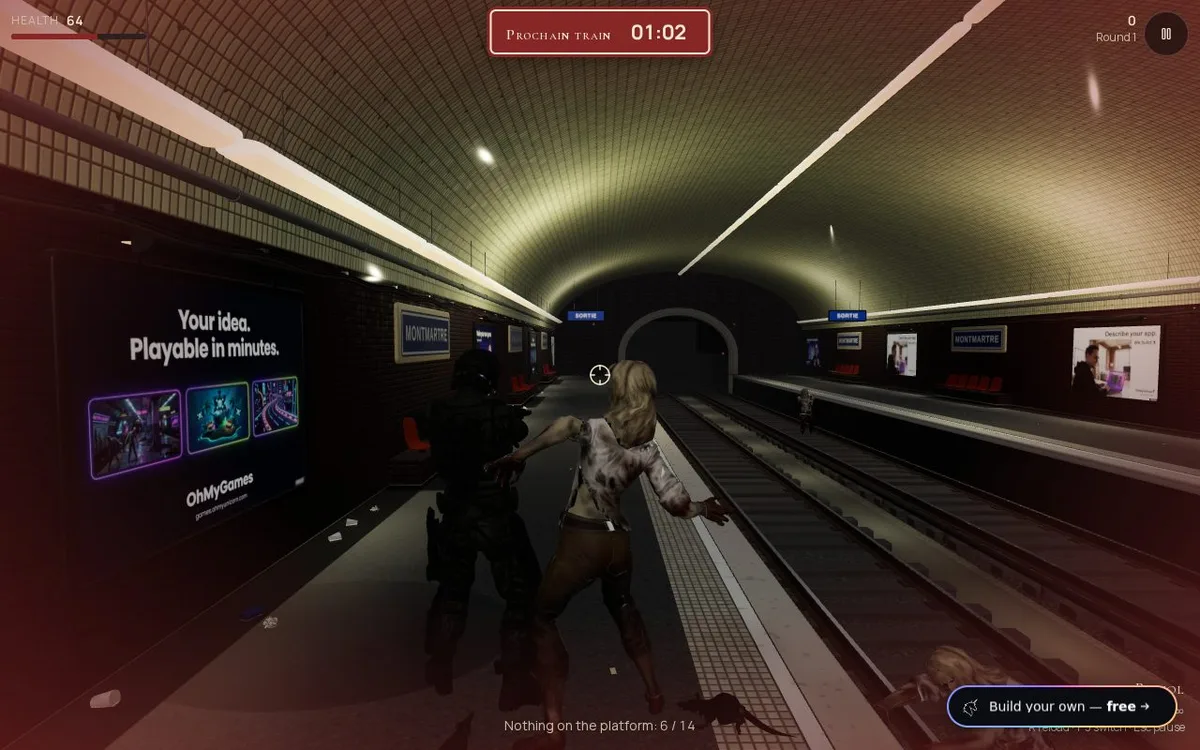 A dark metro platform with a lit poster ad for OhMyGames