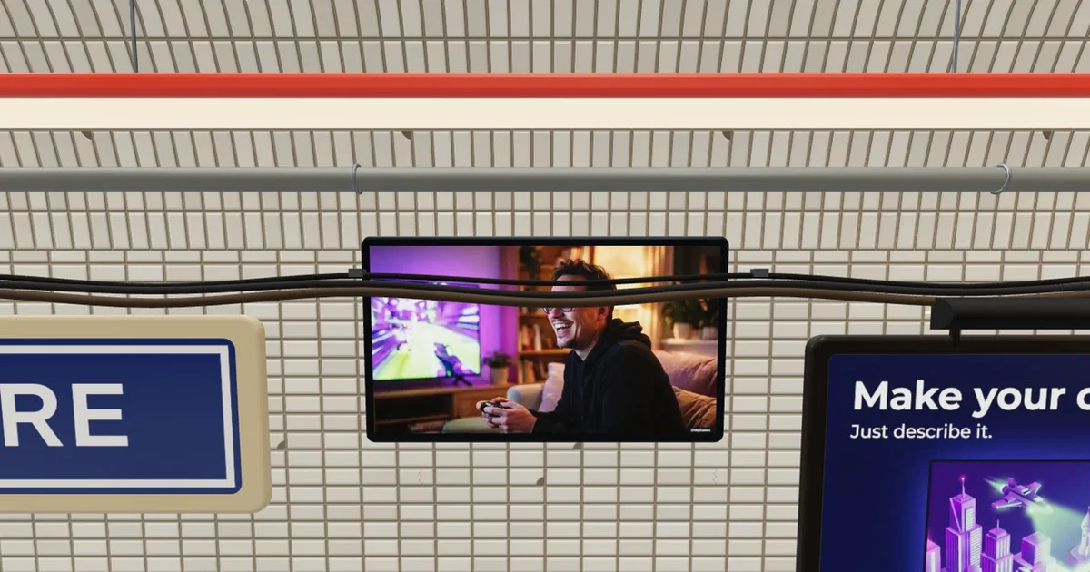 A metro platform in an OhMyGames game, with a video ad playing on a wall TV and a poster ad
